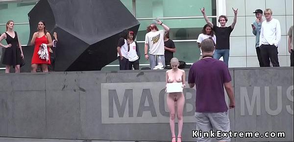  Shaved head slave walked naked in public
